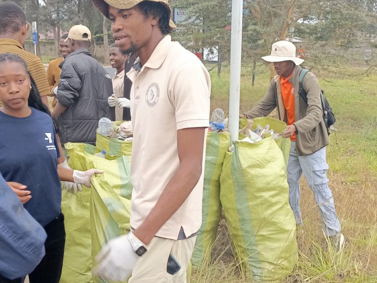 Community clean-up with collection bags