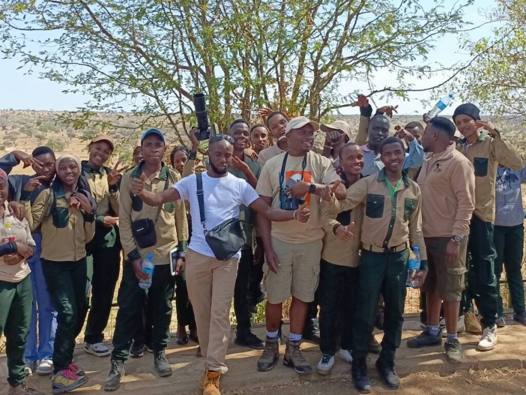 Uniformed trainees at a park viewpoint